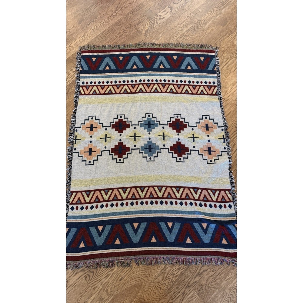 Vintage Southwestern Woven Throw Blanket Fringe Tribal Aztec Boho